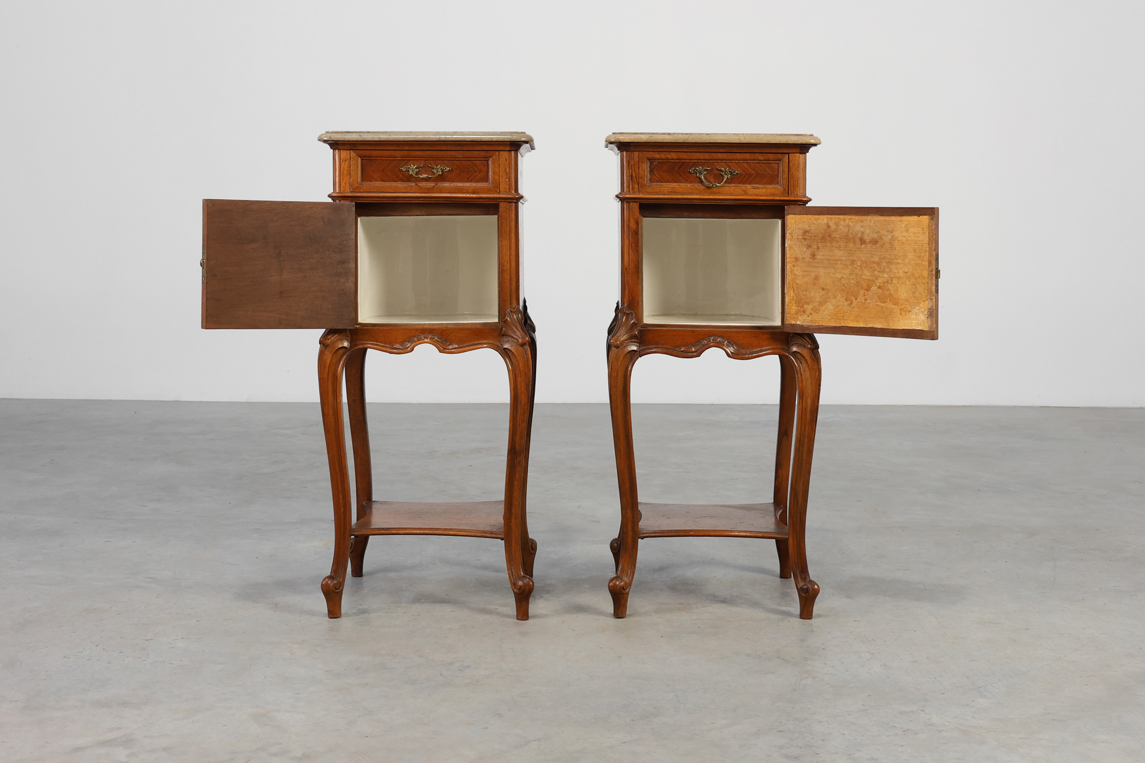 Pair Louis XV‑Style Nightstands with Marble Tops, France ca. 1900thumbnail